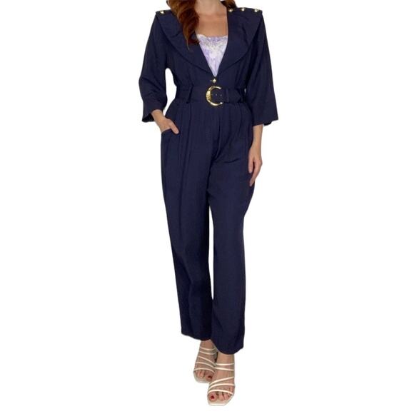 Vintage Union Label Betsey’s Things Medium Navy & Gold Belted Jumpsuit - Picture 6 of 14